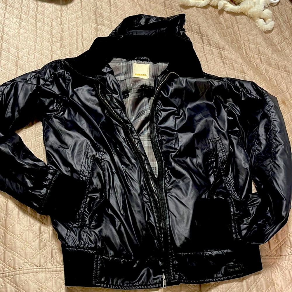 Men DIESEL BIKER SLIM HOODED Light Weight BLACK NYLON RAIN JACKET Mens Med